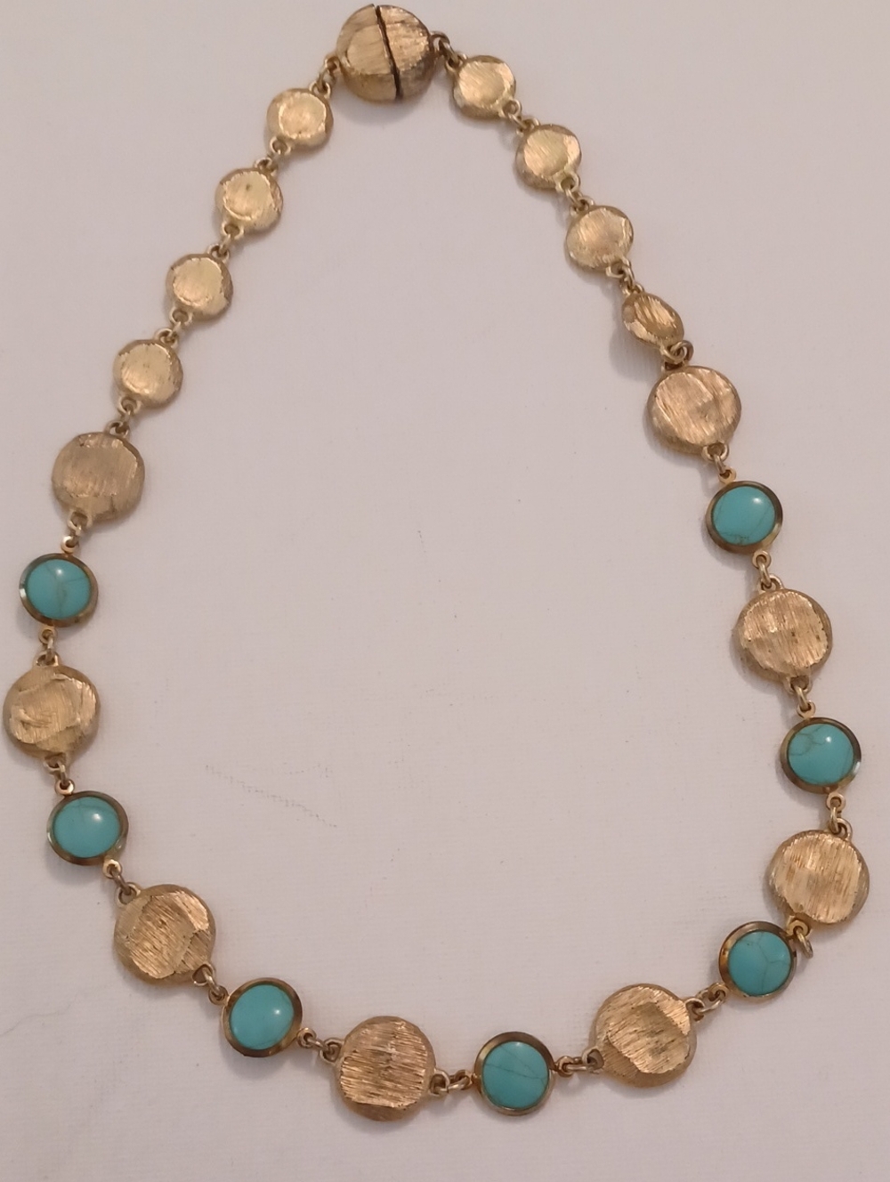 Gold-Tone Necklace with Turquoise Colored Cabochons and Magnetic Clasp